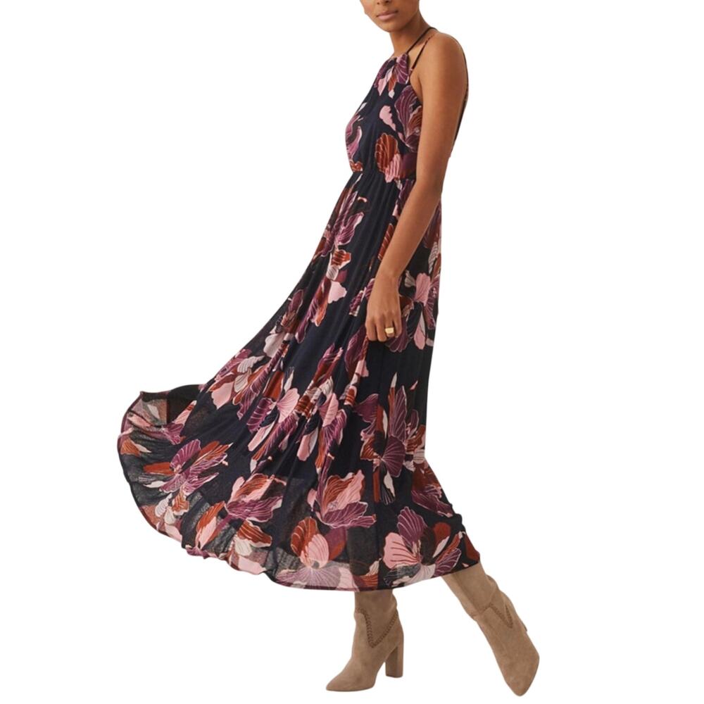 NWT ANTHROPOLOGIE Women’s Navy Blue Mixed Floral Halter Maxi Dress